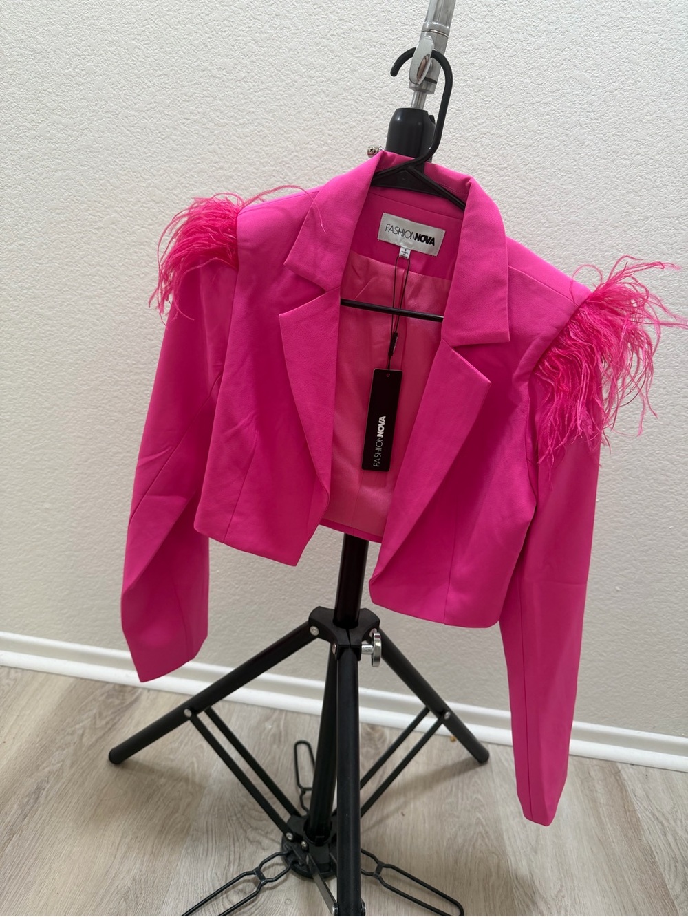 Fashion Nova Hot Pink Feather-Shoulder Cropped Blazer